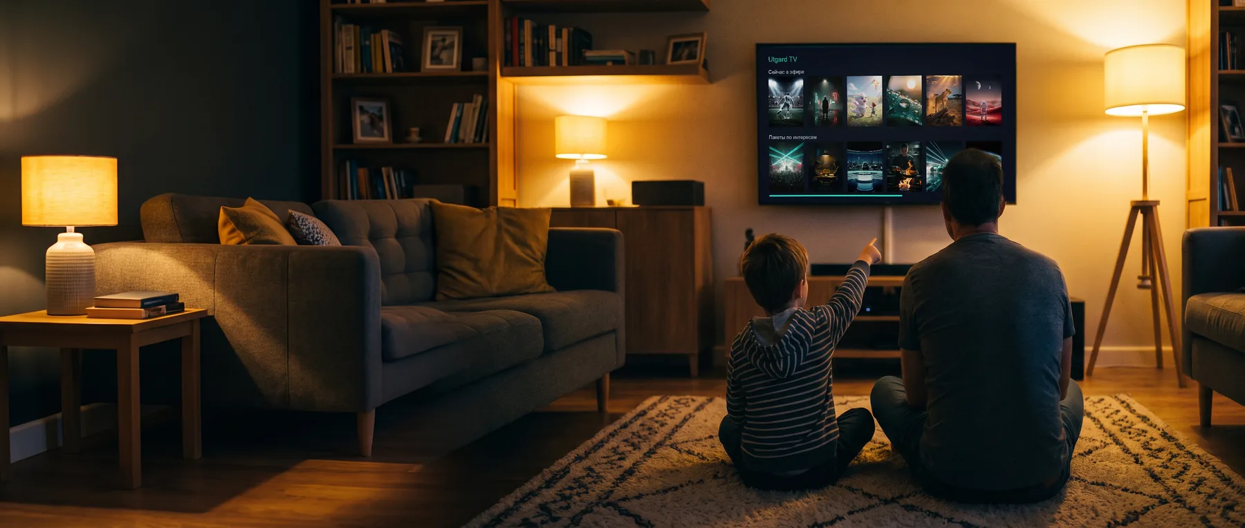 Отец с сыном перед телевизором с интерфейсом Utgard TV